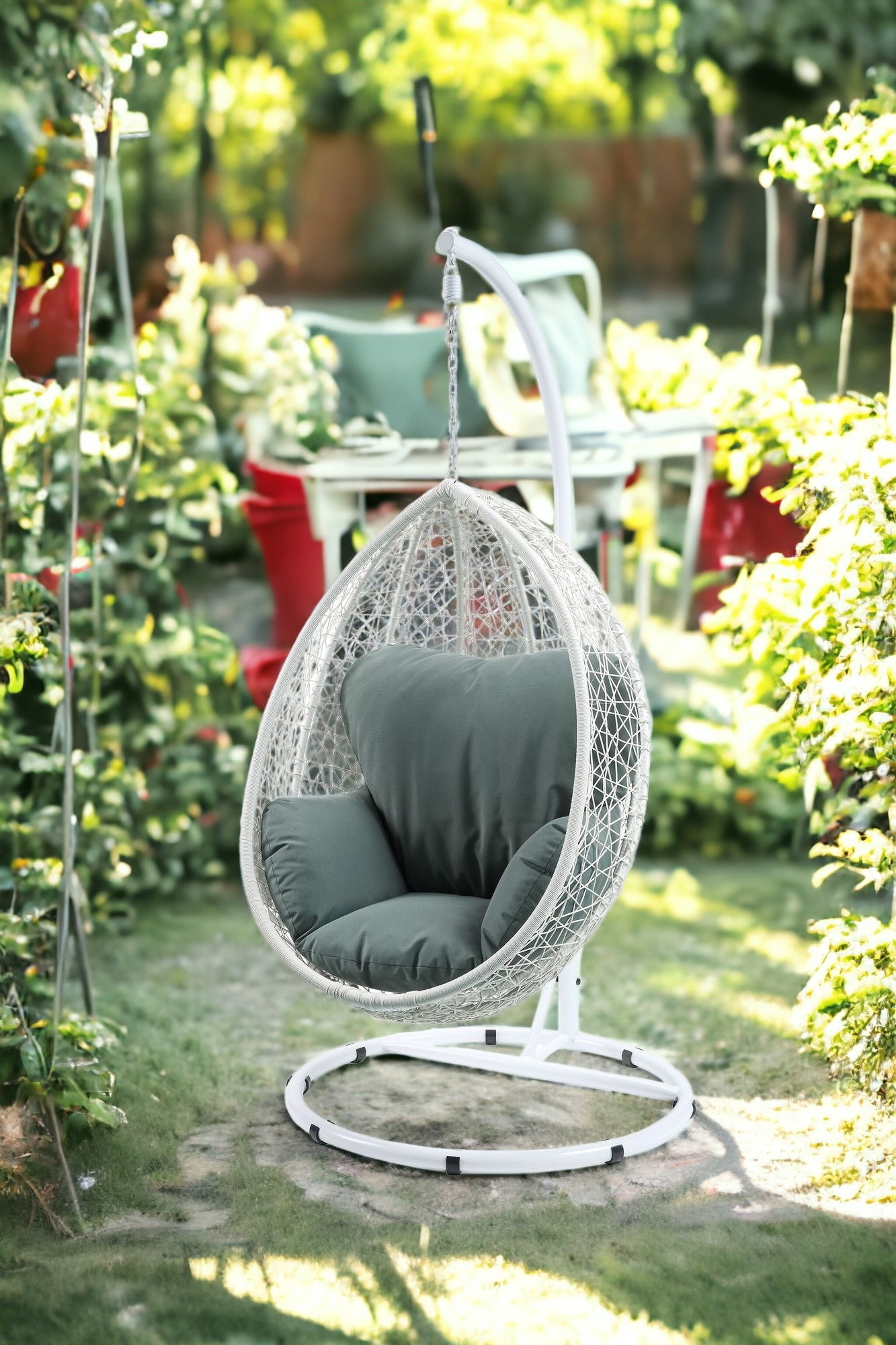 38" White Metal Swing Chair With Green Cushion-1