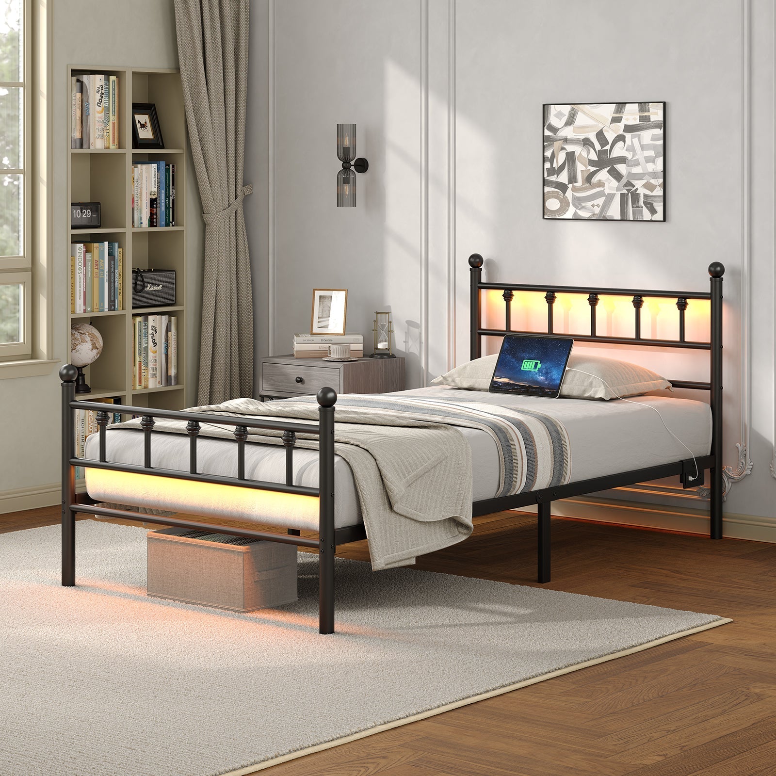YANOSAKU BF005-GR-T Twin Size Metal Bed Frame with LED Lights-3