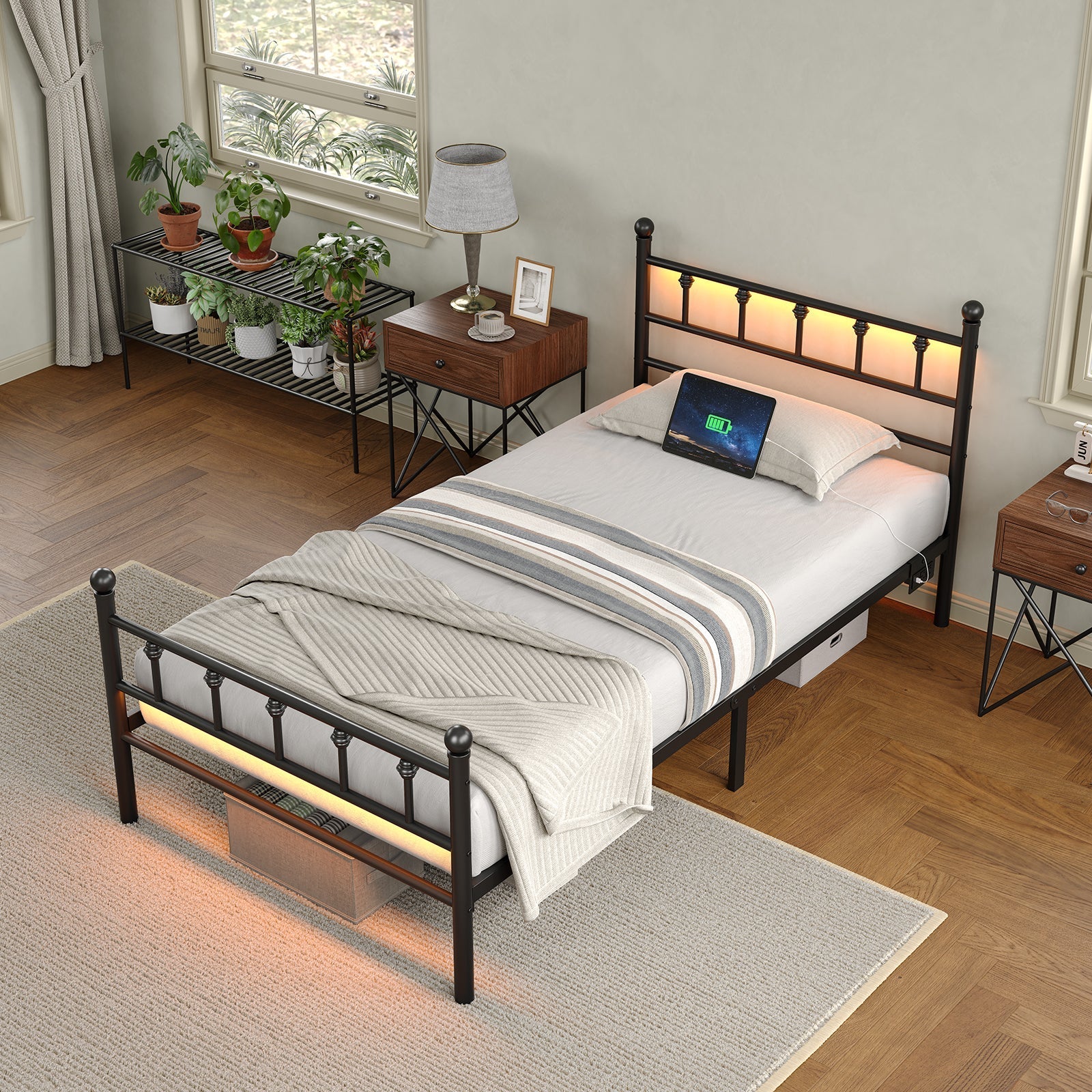 YANOSAKU BF005-GR-T Twin Size Metal Bed Frame with LED Lights-4