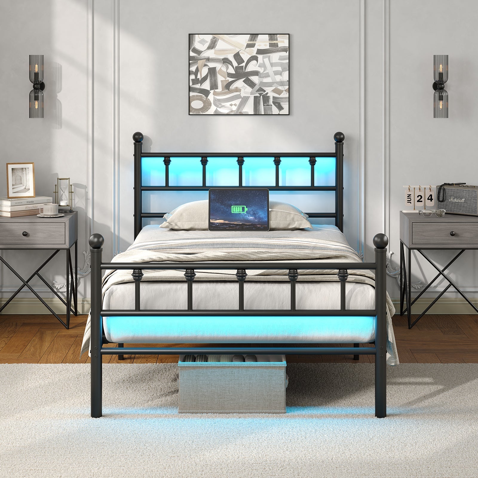 YANOSAKU BF005-GR-T Twin Size Metal Bed Frame with LED Lights-2