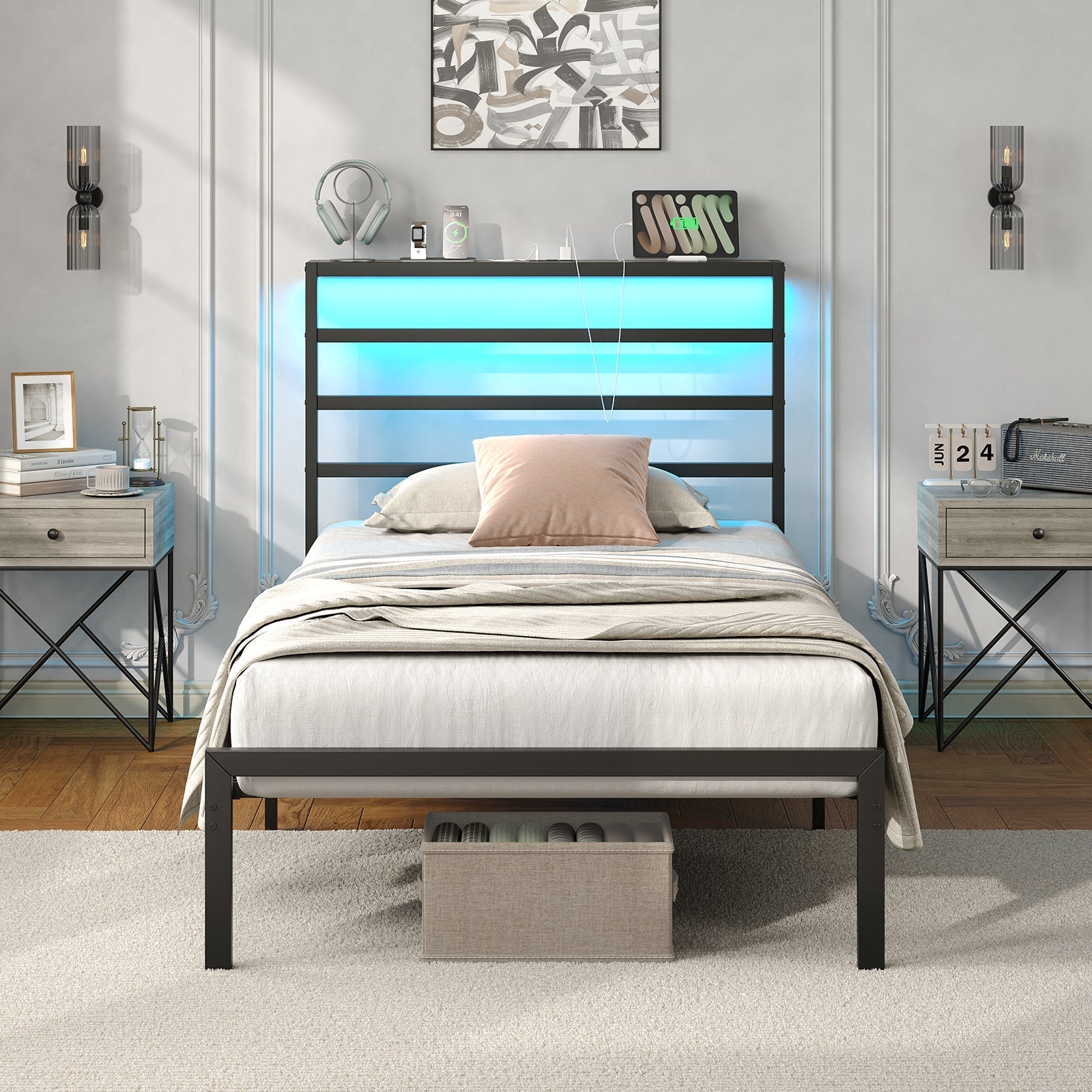 Yanosaku BF006-GR-T Twin Classic Metal Bed Frame with LED Lights & Charging-0