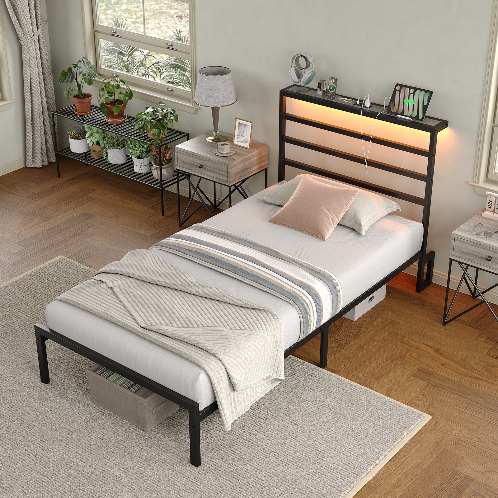 Yanosaku BF006-GR-T Twin Classic Metal Bed Frame with LED Lights & Charging-3