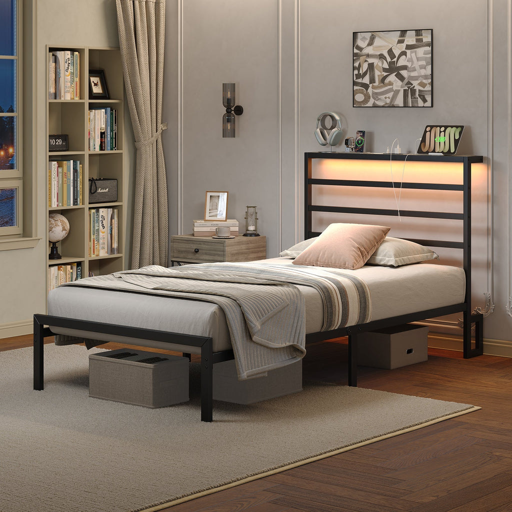 Yanosaku BF006-GR-T Twin Classic Metal Bed Frame with LED Lights & Charging-2