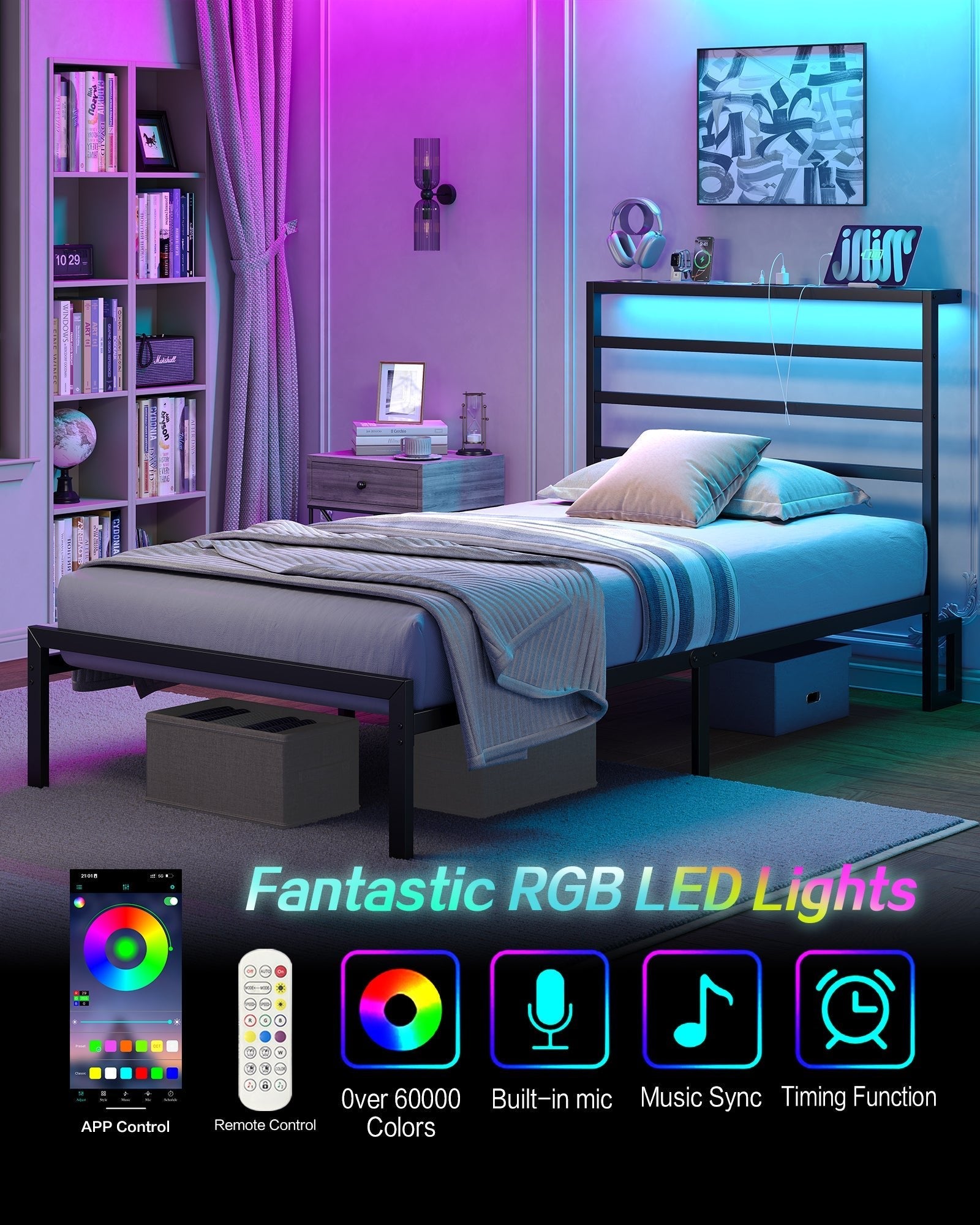 Yanosaku BF006-GR-T Twin Classic Metal Bed Frame with LED Lights & Charging-4