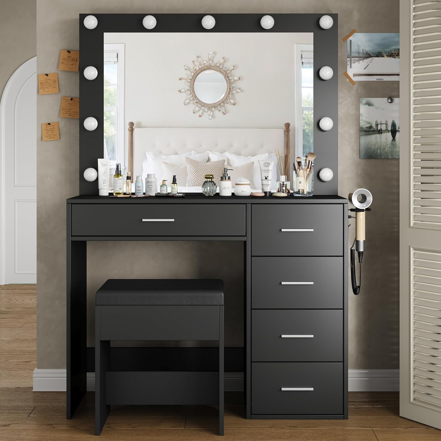 Yanosaku VD001 Bedroom Makeup Vanity desk with LED Mirror, 5 Drawers